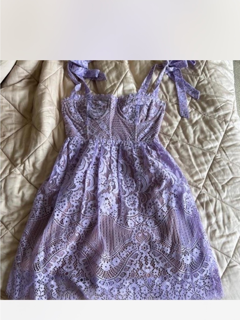 For Love & Lemons Lavender Lace Tie-Strap Mini Dress